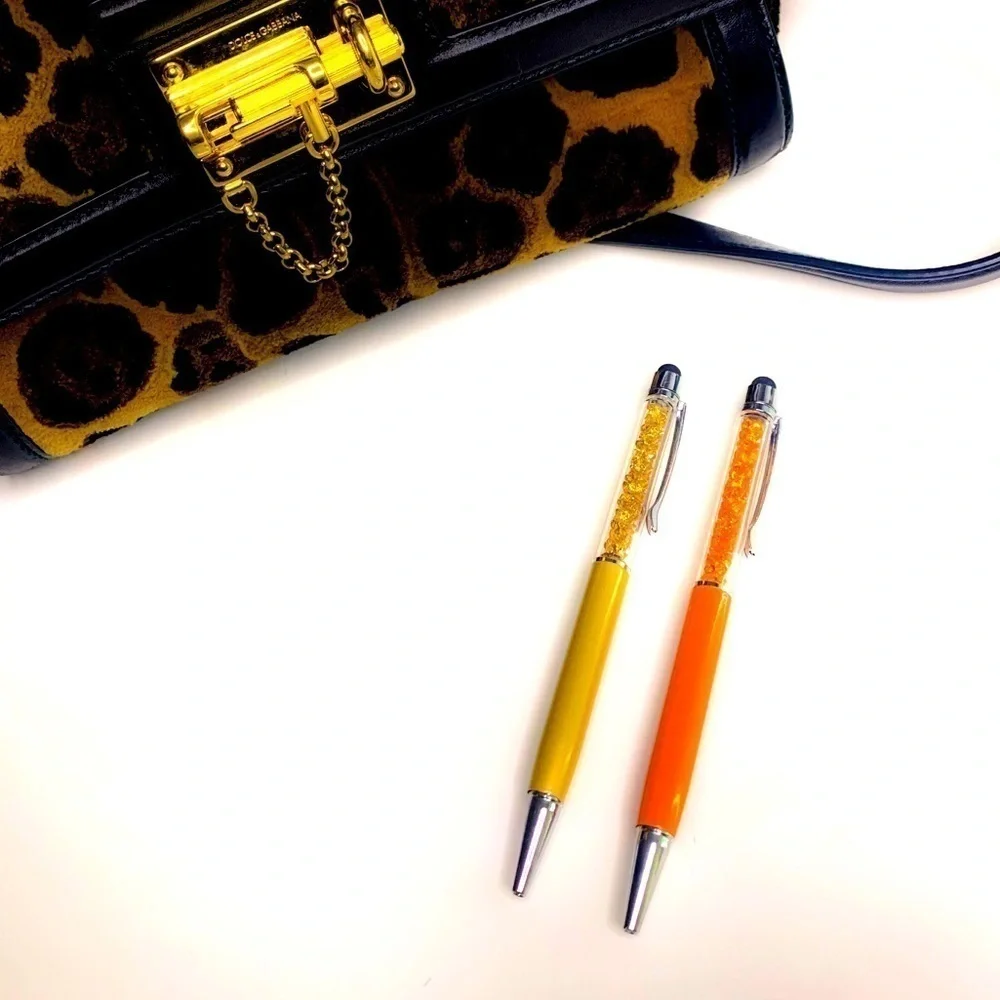 Two New Crystal filled stylus clip on pens black ink orange and gold